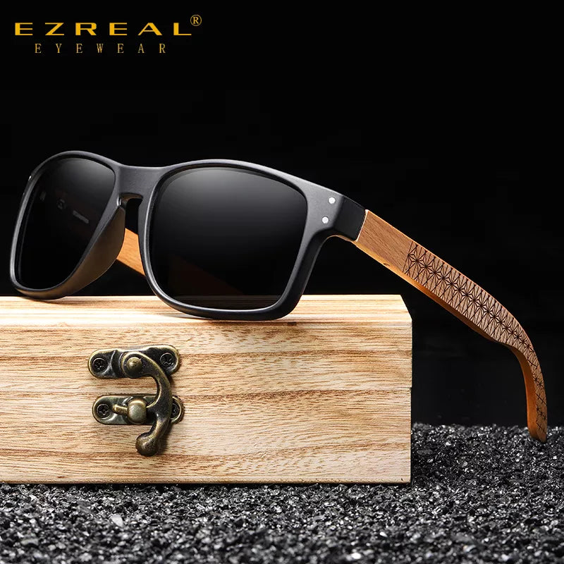 EZREAL Handmade Polarized Wood Sunglasses for Men - Outdoor Driving Sun Glasses with Reinforced Hinge