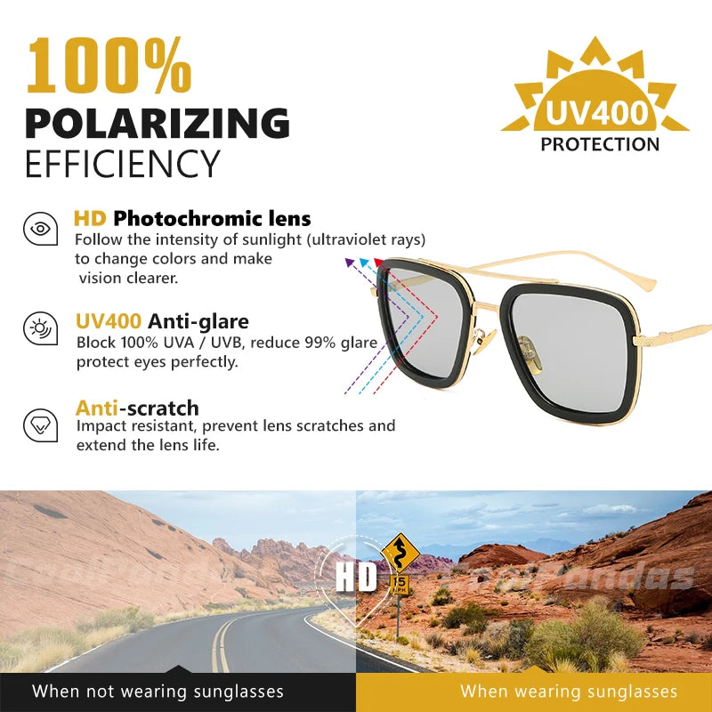 Tony Stark Square Photochromic Polarized Sunglasses - Top Quality Men's Steampunk Eyewear for Driving