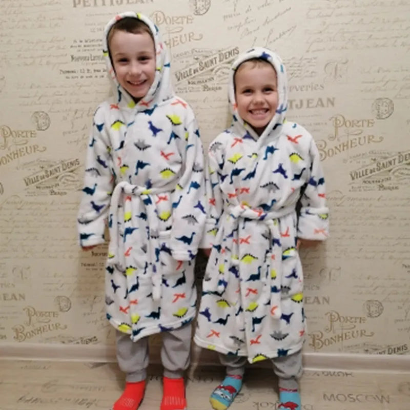 Boy and Girls Flannel Pajamas Robe Autumn and Winter Children Sleepwear Soft Hooded Kids Homewear 2-8 Years