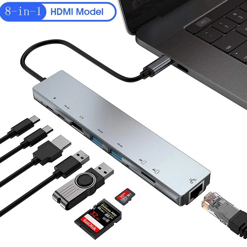 8 in 1 USB C HUB Type C Splitter 4K Thunderbolt 3 Docking Station Laptop Adapter For Macbook Air M1 iPad Pro RJ45 HDMI Computer