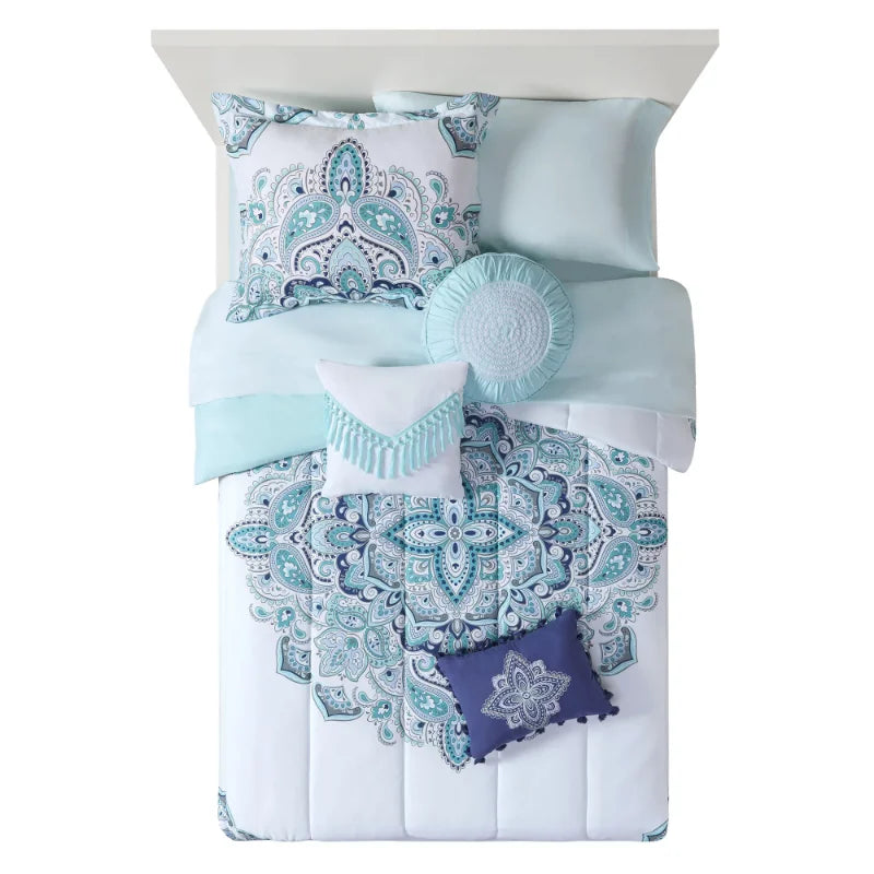 10-piece bedding set by Mainstays, featuring a teal medallion design, and includes a comforter and sheets