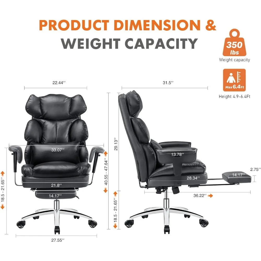 Big and Tall Adjustable Height PU Leather Executive Computer Task Chair With Leg Rest and Lumbar Support Armrest for Adult Stool