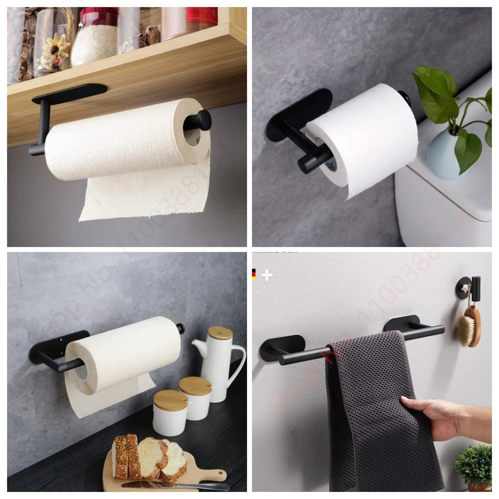 Adhesive Toilet Paper Holder, Wall Mount, for Bathroom/Kitchen, Silver/Gold/Black, Towel Storage Stand, Stainless Steel Tissue Rack.