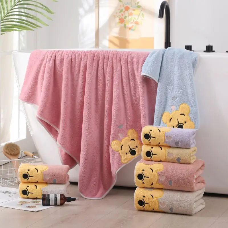 Thick Coral Velvet Cartoon Bath Towel Set with Embroidered Winnie the Pooh