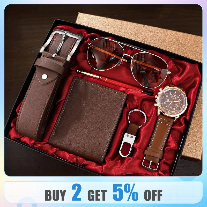 SHAARMS Men's Luxury 6-in-1 Gift Set - Watch, Glasses, Pen, Keychain, Belt, Purse - Ideal for Holidays and Birthdays