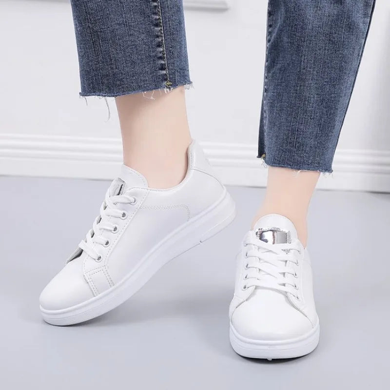 Women's White Leather Casual Shoes, Autumn 2024, Thick Sole, Rose Embroidery, Student Style