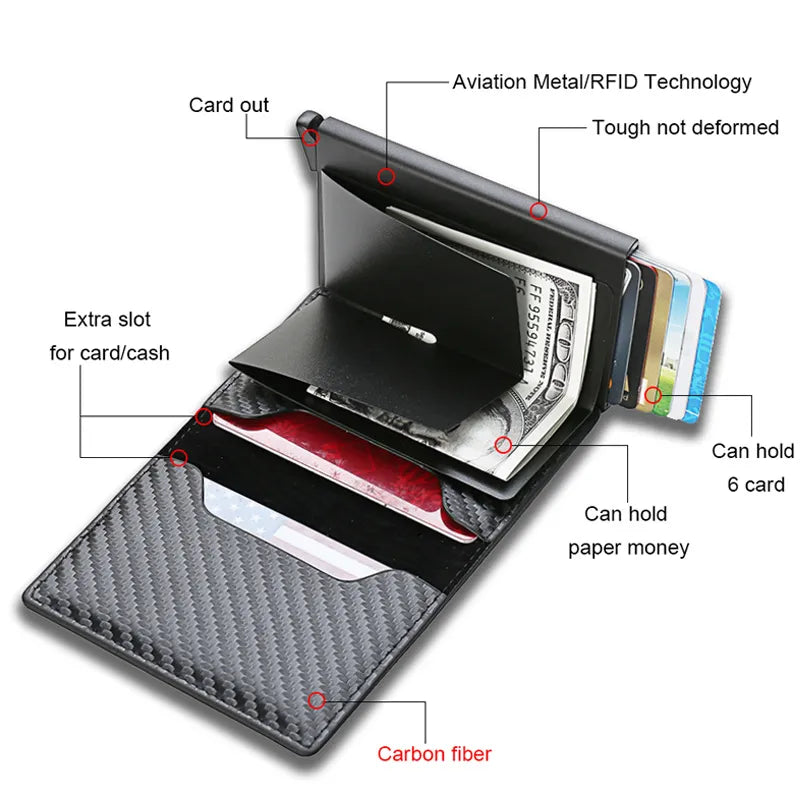 Carbon Fiber Slim Aluminum Men Wallet ID Credit Card Holder Mini RFID Wallet Automatic Pop up Bank Card Case Black Vallet