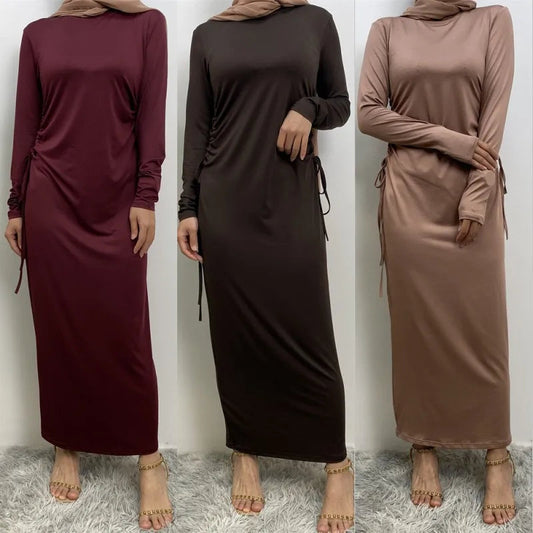 Muslim Abaya Women Bottoming Shirt Robe Solid Color Arab Long Sleeved Soft Cozy Round Neck Long Dress Robe