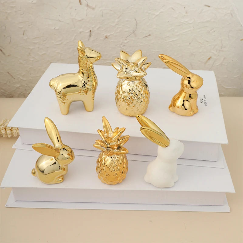 Gold Rabbit Ceramics Figurines Creative Animal Table Ornament Cute Alpaca Home Desktop Decoration White Rabbit Bedroom Ornament