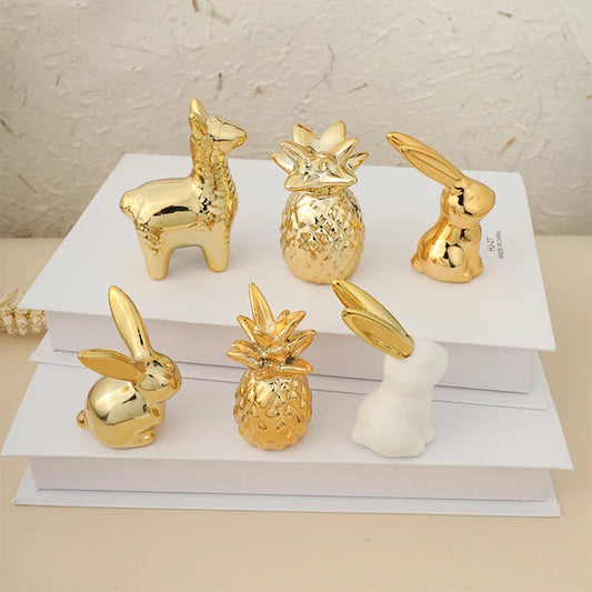 Gold Rabbit Ceramics Figurines Creative Animal Table Ornament Cute Alpaca Home Desktop Decoration White Rabbit Bedroom Ornament