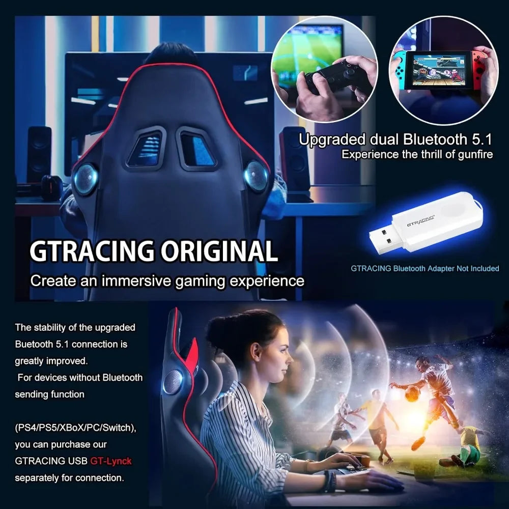 GTRACING Gaming Chair Footrest Speakers Video Game Chair Bluetooth Music Heavy Duty Ergonomic Computer Office Desk Chair Red