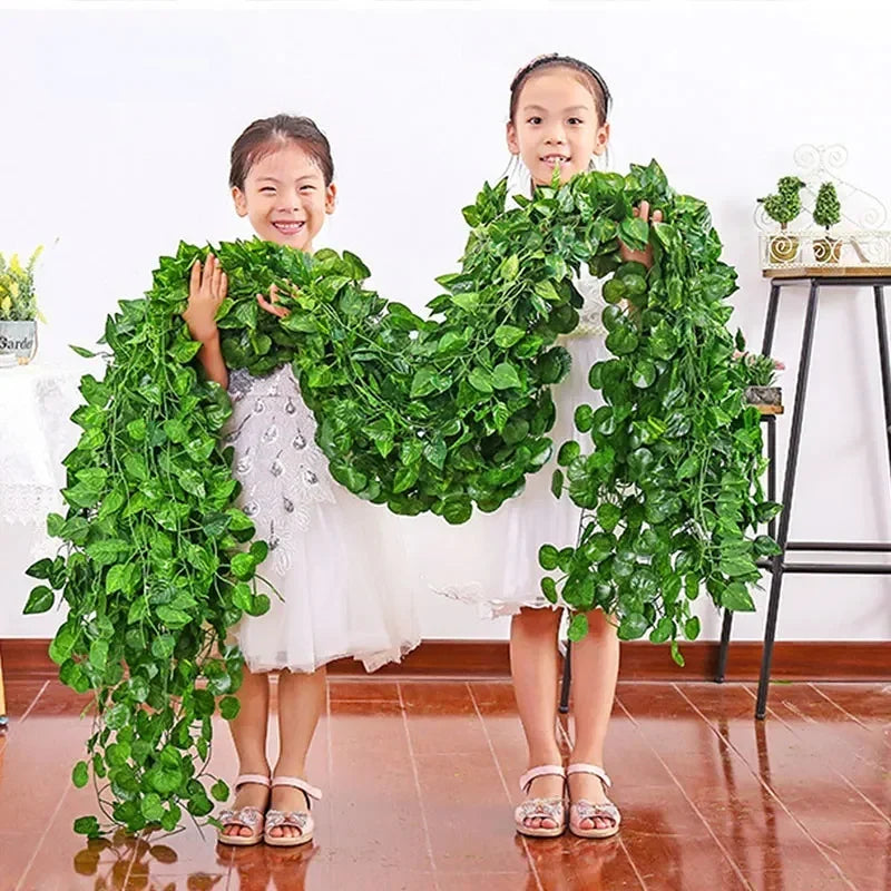 2.2M Artificial Plant Green Ivy Leaf Garland Silk Wall Hanging Vine Home Garden Decoration Wedding Party DIY Fake Wreath Leaves