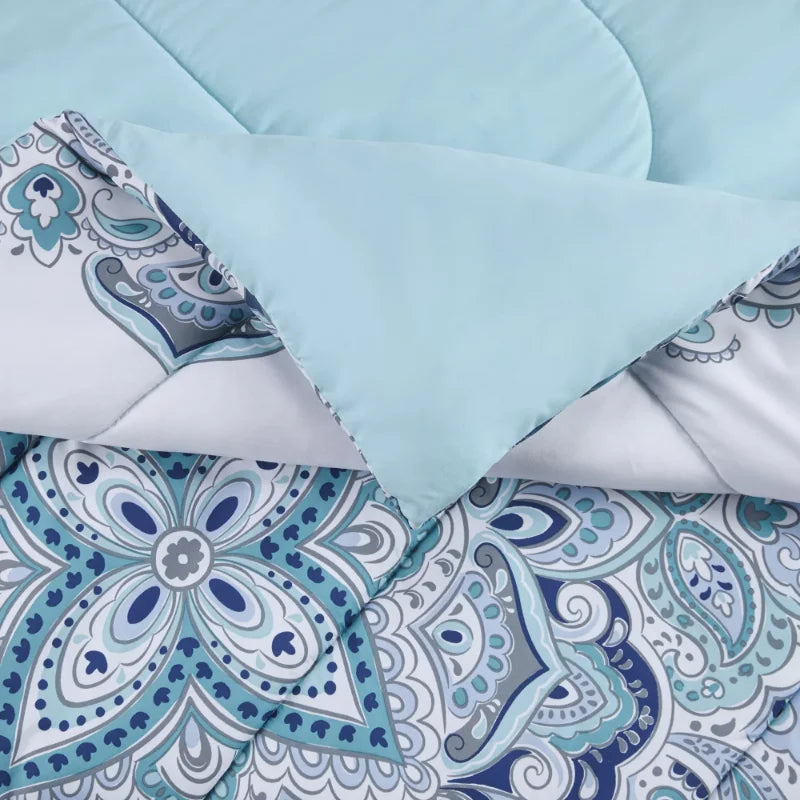 10-piece bedding set by Mainstays, featuring a teal medallion design, and includes a comforter and sheets