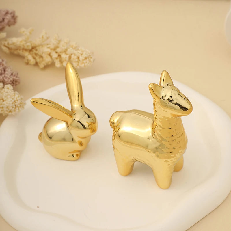 Gold Rabbit Ceramics Figurines Creative Animal Table Ornament Cute Alpaca Home Desktop Decoration White Rabbit Bedroom Ornament