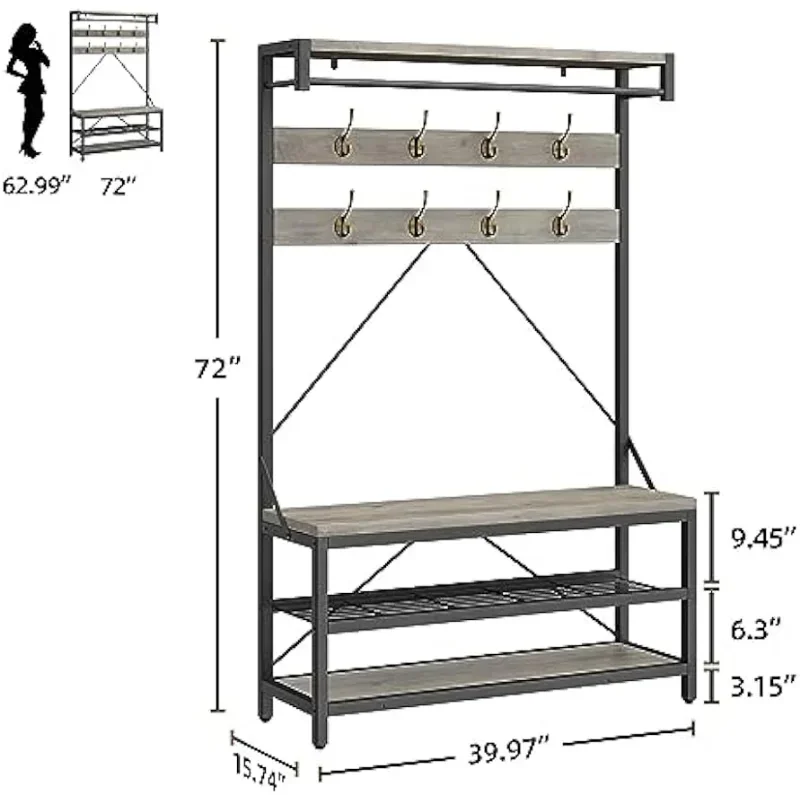 IDEALHOUSE Coat Rack Shoe Bench Industrial Hall Tree Storage Bench for Entryway Wood Look Accent Large Shoe Rack Bench