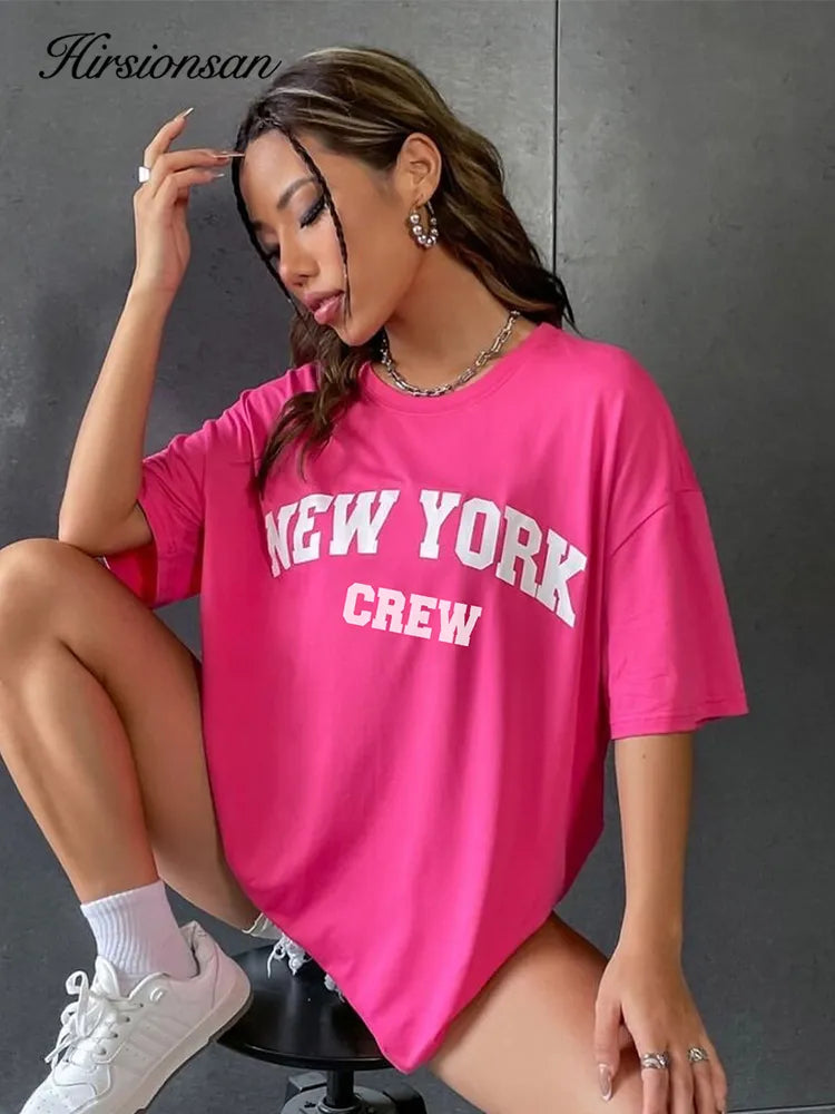 Hirsionsan Oversized Letter Graphic T-shirt Women 2023 Summer Soft O-neck Short Sleeve Tees Female Casual Loose Higt Street Top