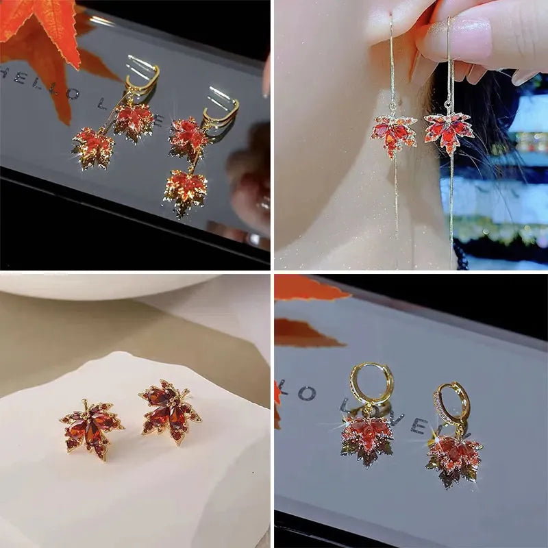 French Vintage Crystal Zircon Red Maple Leaf Earrings for Women Temperament Rhinestone Tassel Earrings Party Jewelry Bijoux Gift