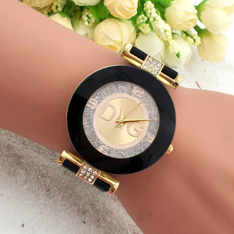 Women's Quartz Watch with Silicone Strap, Rhinestone Design, Casual, Fashionable, Luxury Brand, Black - DQG