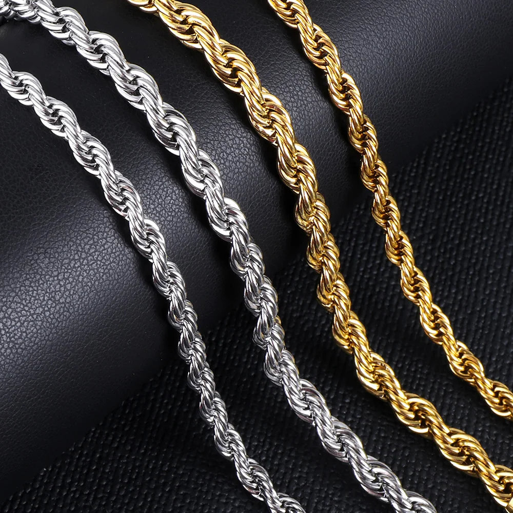 LUXUSTEEL 2/3/4/5mm Rope Chain Necklace Stainless Steel For Women Men Never Fade Waterproof Twist Choker Silver Tone Gold Color