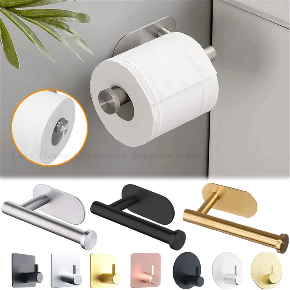 Self-Adhesive Wall-Mounted Stainless Steel Toilet Paper Holder with Towel Roll Dispenser and Wall Hooks