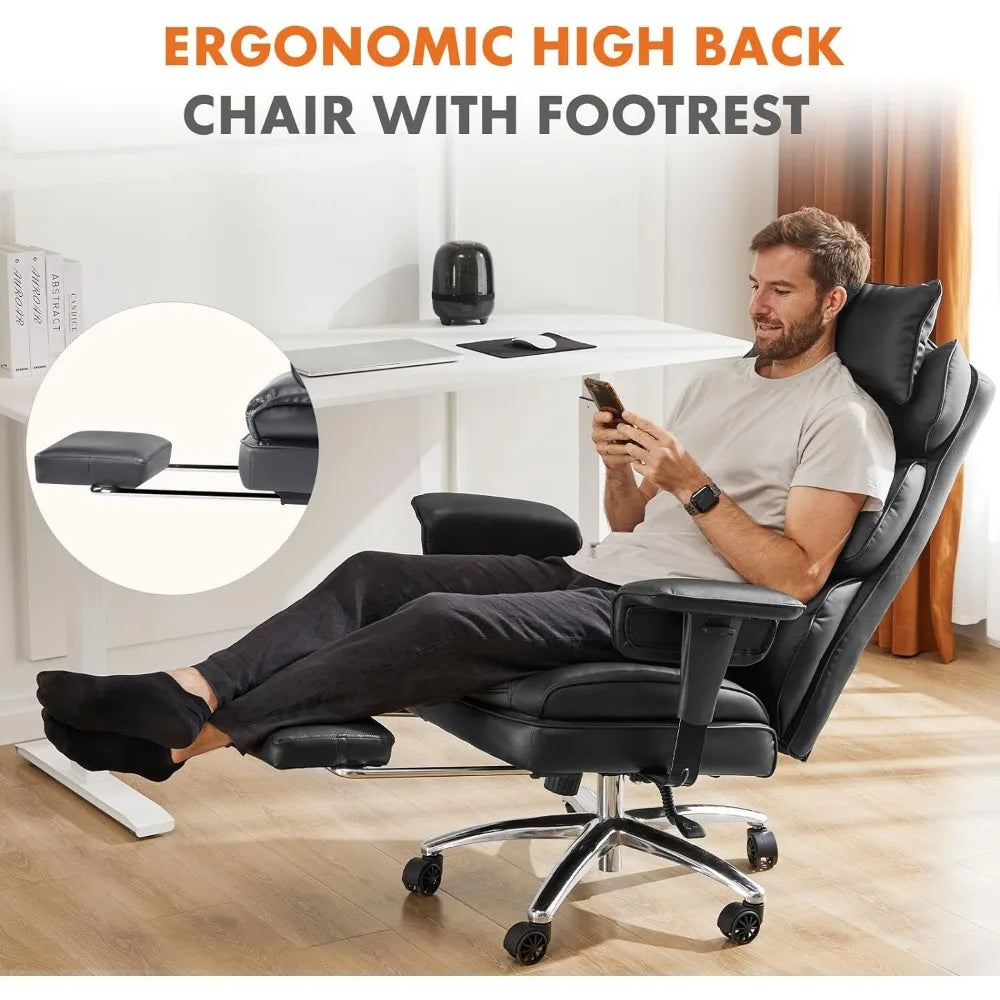 Big and Tall Adjustable Height PU Leather Executive Computer Task Chair With Leg Rest and Lumbar Support Armrest for Adult Stool