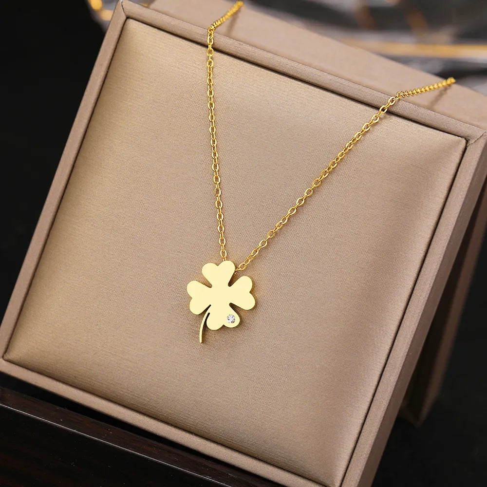 Stainless Steel Necklaces Bohemian Temperament Clover Crystal Zircon Pendant Everyday Wear Chain Girl Necklace For Women Jewelry