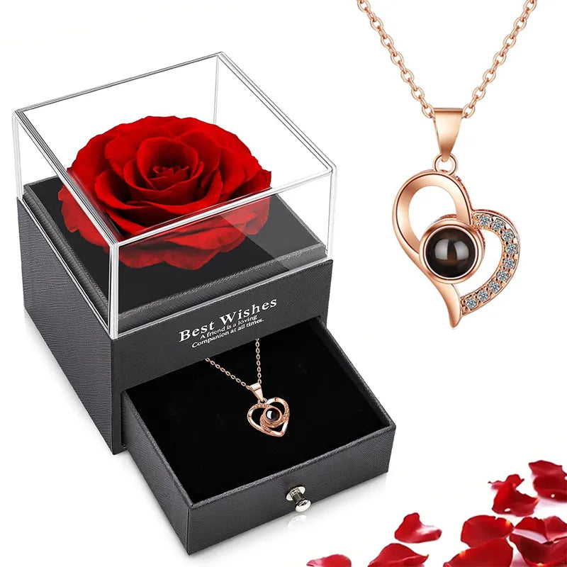 Projection Necklace Set with Rose Gift Box, "I Love You" in 100 Languages, Heart Pendant, 2023 Trendy Jewelry