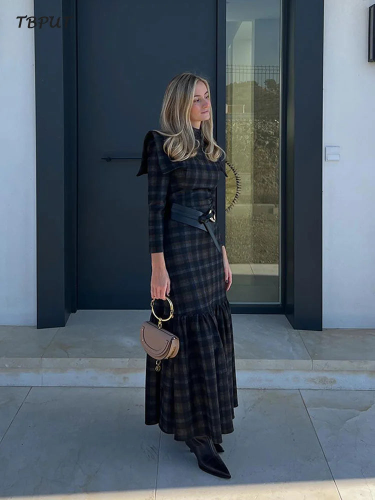 Female Fashion Plaid Lapel Collar Maxi Dresses Elegant Pleated Long Sleeve Slim Dress, Autumn Winter Commuting Vestidos