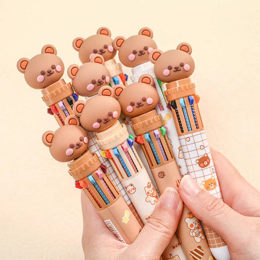 10-Color Ballpoint Pen, Cartoon Bear, 0.5mm, Colorful Ink, Silicone, Kawaii, School/Office Supplies, Korean Stationery