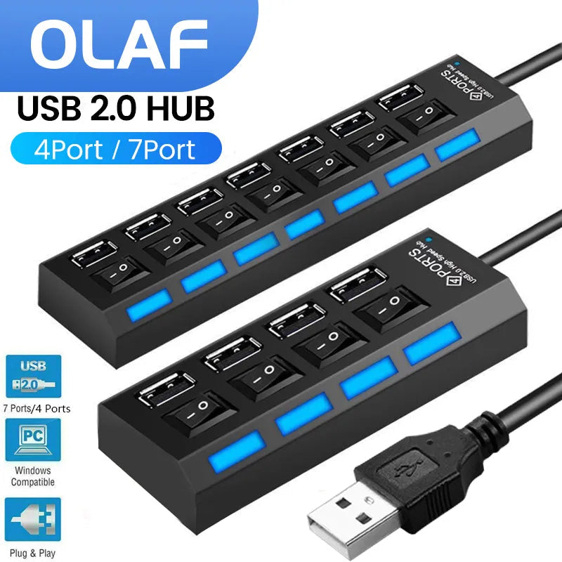 OLAF USB HUB 2.0 4/7 Port Multiple Expander USB 2.0 Hub with Switch Multi USB Splitter Hub Use Power Adapter Computer Accessorie