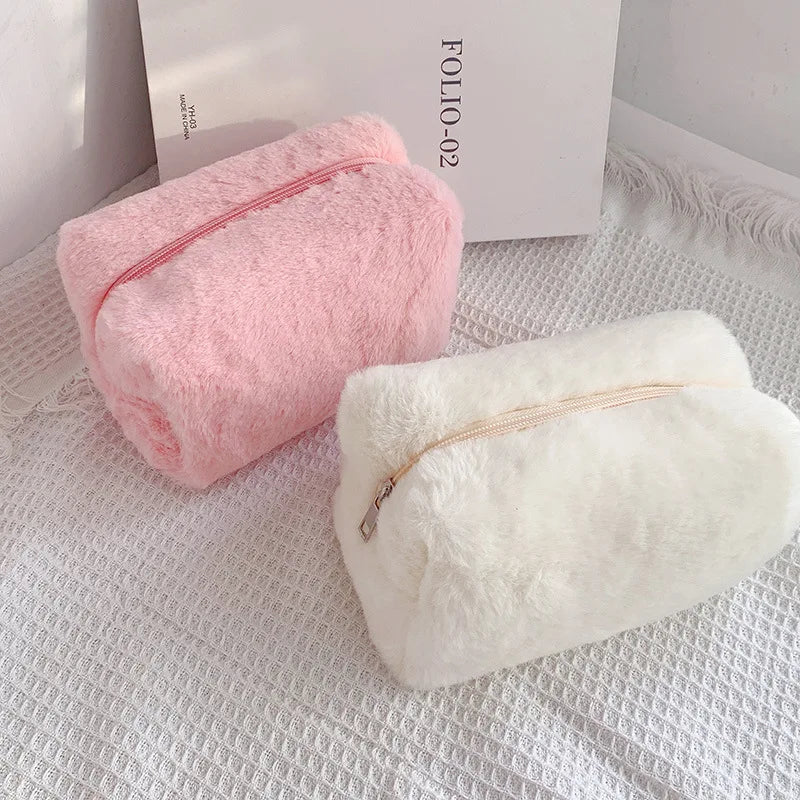 Soft Fur Makeup Bags for Women - Travel Cosmetic Organizer Case for Young Ladies and Girls - 1 Pc Solid Handbag