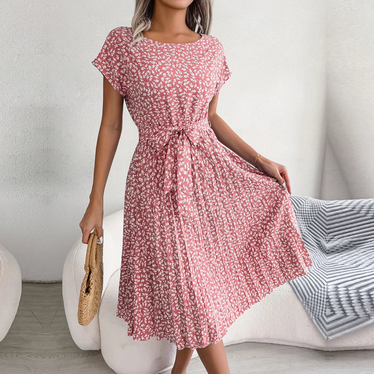 Women Spring Summer Short Sleeve High Waist Chic Dress Fashion Floral Pleated A Line Long Dress