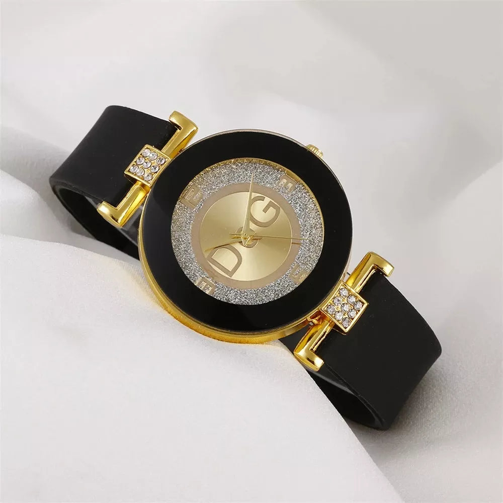 Women's Quartz Watch with Silicone Strap, Rhinestone Design, Casual, Fashionable, Luxury Brand, Black - DQG