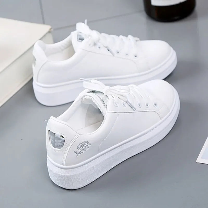 Women's White Leather Casual Shoes, Autumn 2024, Thick Sole, Rose Embroidery, Student Style