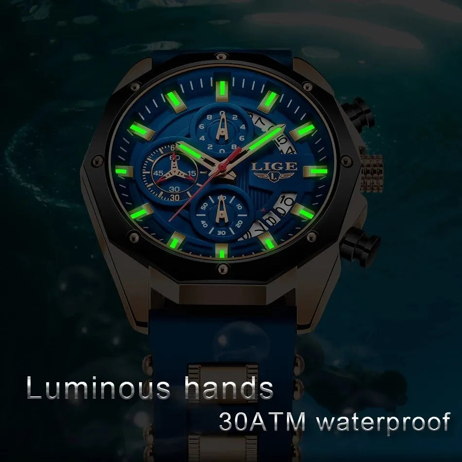 Discover LIGE Fashion Men's Luxury Silicone Sport Watch with Quartz Movement, Date Function, Waterproof Design, and Chronograph Features