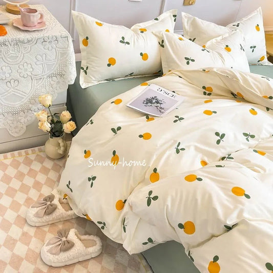 In Style Duvet Cover Set with Flat Sheet and Pillowcases, Cute Orange Cherry and Crow Printed, Available in Single, Double, and Queen Sizes, Girls' Bedding Kit