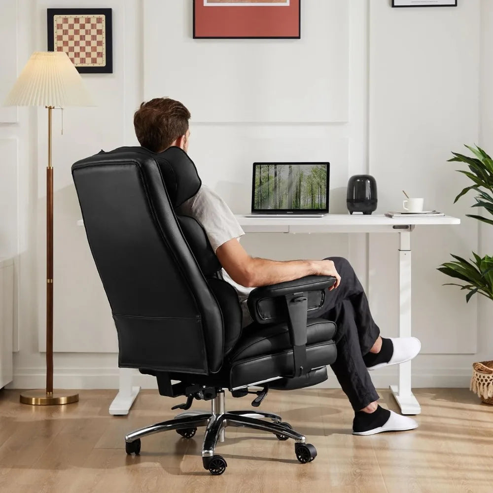 Big and Tall Adjustable Height PU Leather Executive Computer Task Chair With Leg Rest and Lumbar Support Armrest for Adult Stool