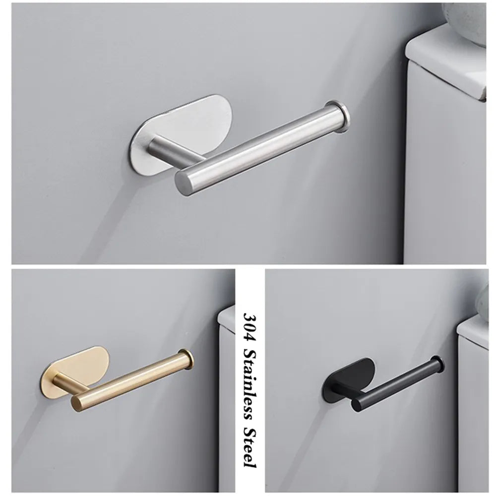 Self-Adhesive Wall-Mounted Stainless Steel Toilet Paper Holder with Towel Roll Dispenser and Wall Hooks