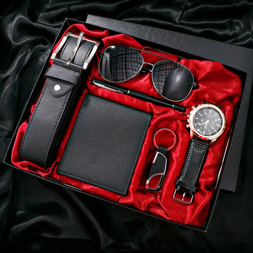 SHAARMS Men's Luxury 6-in-1 Gift Set - Watch, Glasses, Pen, Keychain, Belt, Purse - Ideal for Holidays and Birthdays