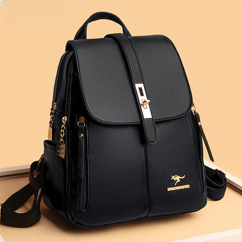 Luxury Women's Leather Backpacks - Girls' Sac A Dos Casual Daypack in Black - Vintage School Bags - Mochila Rucksack