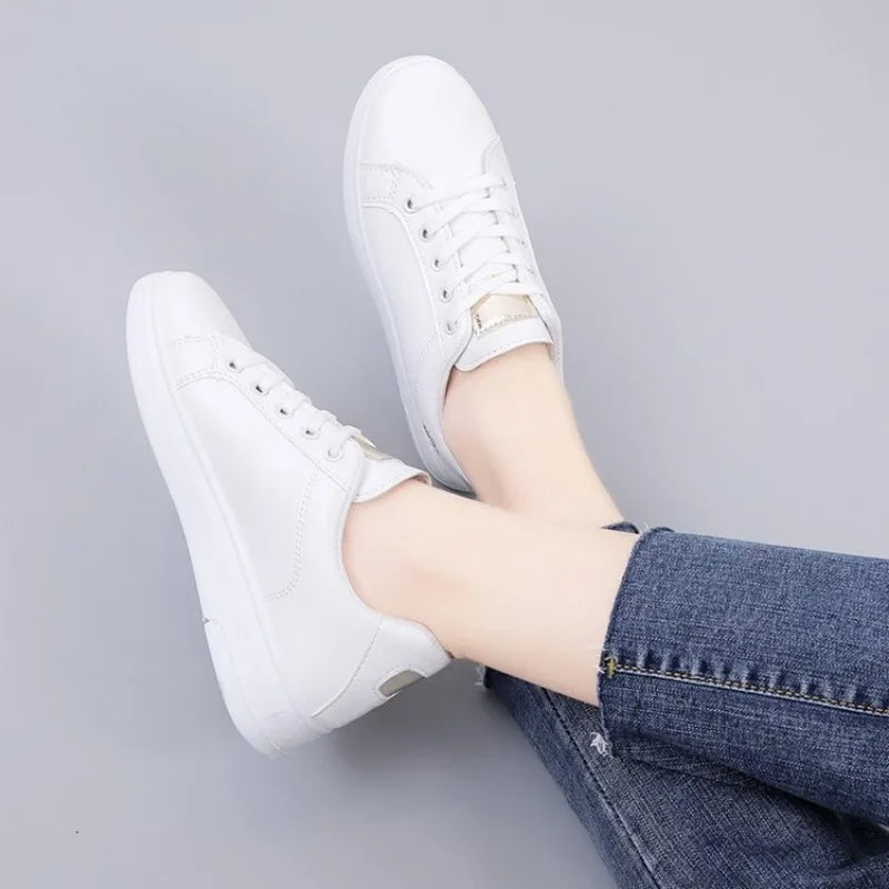 Women's White Leather Casual Shoes, Autumn 2024, Thick Sole, Rose Embroidery, Student Style