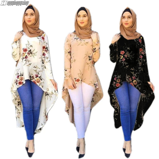 Dubai Floral Irregular Dress Women Casual Long Sleeve Shirts, Abaya Kaftan Turkey Arab Fashion Tops Blouse S-2XL