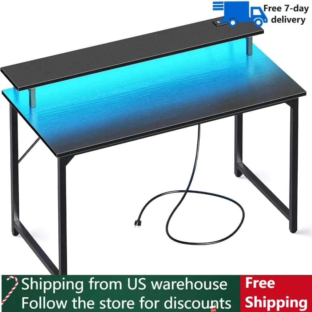 47 inch Computer Desk with LED Lights & Power Outlets, Gaming Desk with Monitor Shelf, Small Office Desk for Home & Office