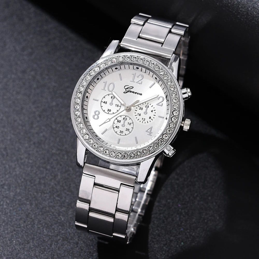 6-Piece Luxury Women's Fashion Set: Watch, Ring, Necklace, Earrings, Bracelet, and Rhinestone Wristwatch