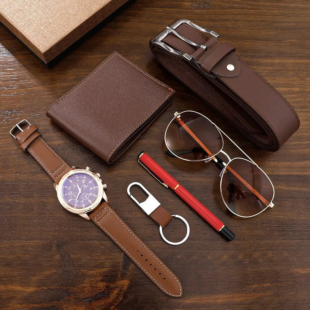 SHAARMS Men's Luxury 6-in-1 Gift Set - Watch, Glasses, Pen, Keychain, Belt, Purse - Ideal for Holidays and Birthdays