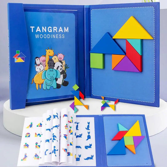 Magnetic Wooden Tangram Puzzle Book, Educational Toy for Children, Portable Montessori Learning Tool for Kids' Intelligence Development