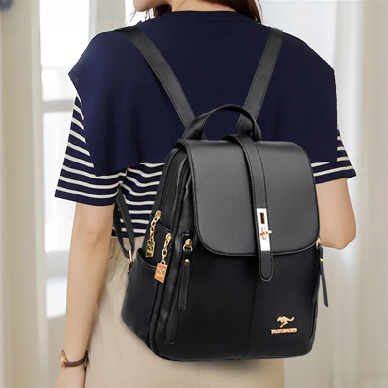 Luxury Women's Leather Backpacks - Girls' Sac A Dos Casual Daypack in Black - Vintage School Bags - Mochila Rucksack