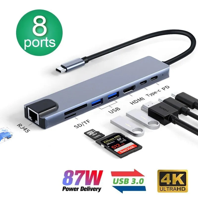 8 in 1 USB C HUB Type C Splitter 4K Thunderbolt 3 Docking Station Laptop Adapter For Macbook Air M1 iPad Pro RJ45 HDMI Computer