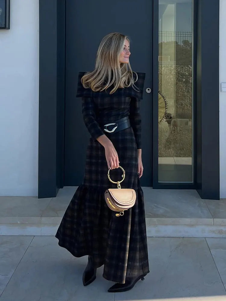 Female Fashion Plaid Lapel Collar Maxi Dresses Elegant Pleated Long Sleeve Slim Dress, Autumn Winter Commuting Vestidos