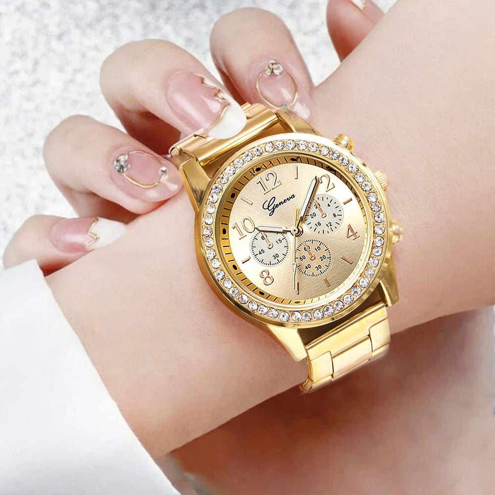 6-Piece Luxury Women's Fashion Set: Watch, Ring, Necklace, Earrings, Bracelet, and Rhinestone Wristwatch